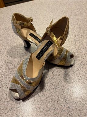 Metallic Gold & Silver Peep-Toe Heels with Ankle Strap